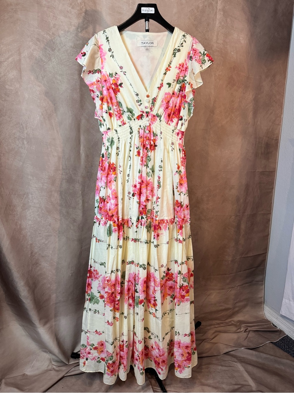 Taylor Cream Maxi Dress with Pink Floral Print